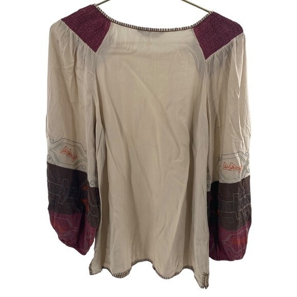 BCBG Max Azria Size S 100% Silk Southwestern Embroidered Oversized Sleeve Blouse - Picture 6 of 8